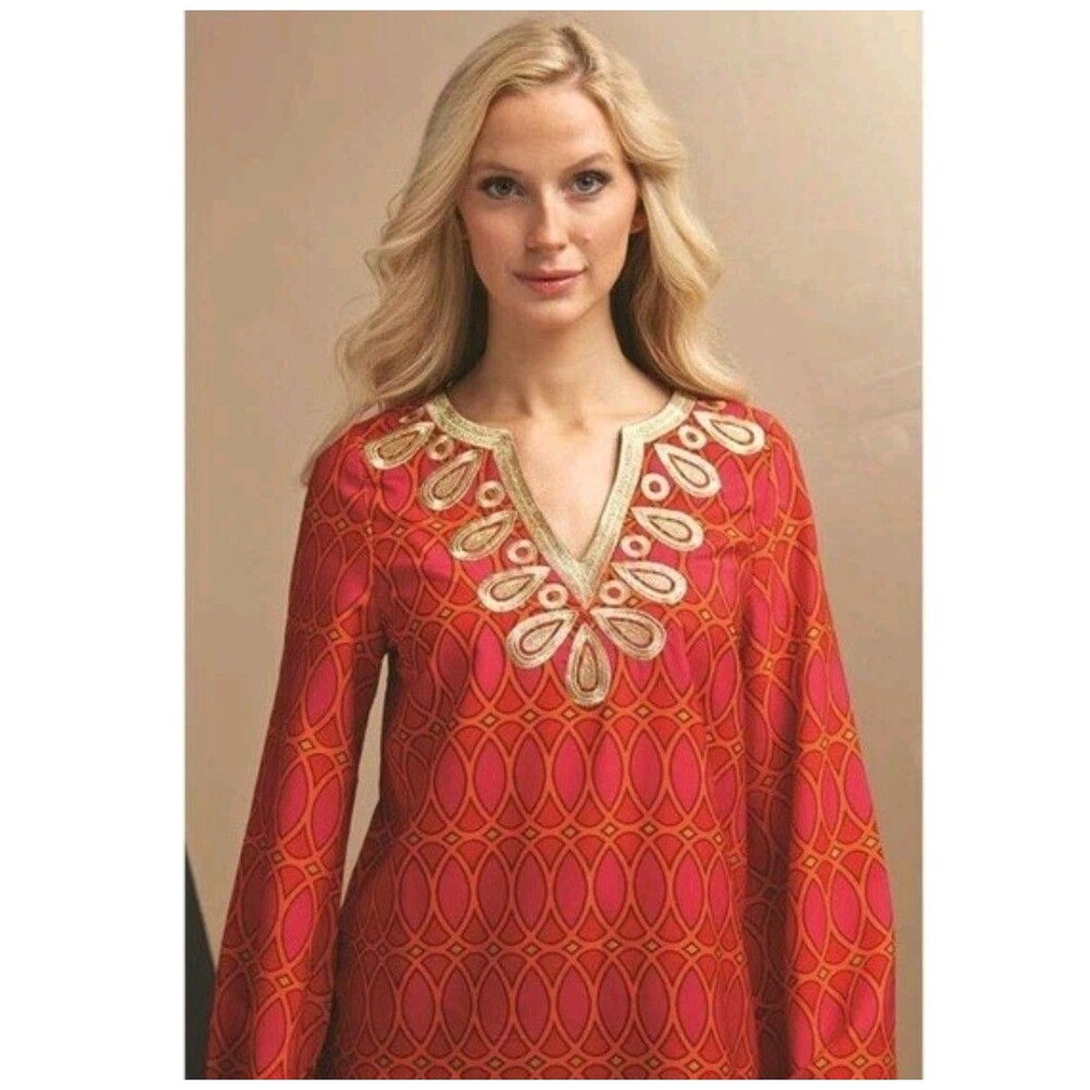 NWT Mud Pie Corinne Embroidered Tunic Top Shirt Geometric Pattern Women Small
